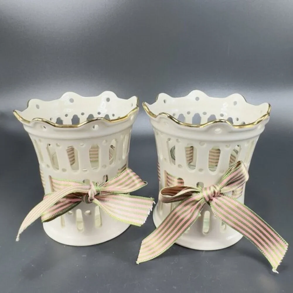 Lenox Great Giftables Pierced Porcelain Votive With‎ Ribbon And Gold Trim Set 2
